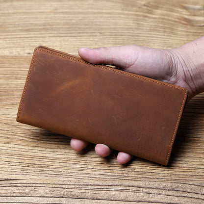 Vintage Leather Men's Wallet Mad Horse Leather Long Cell Phone Bag First Layer Cowhide Multi-card ID Bag