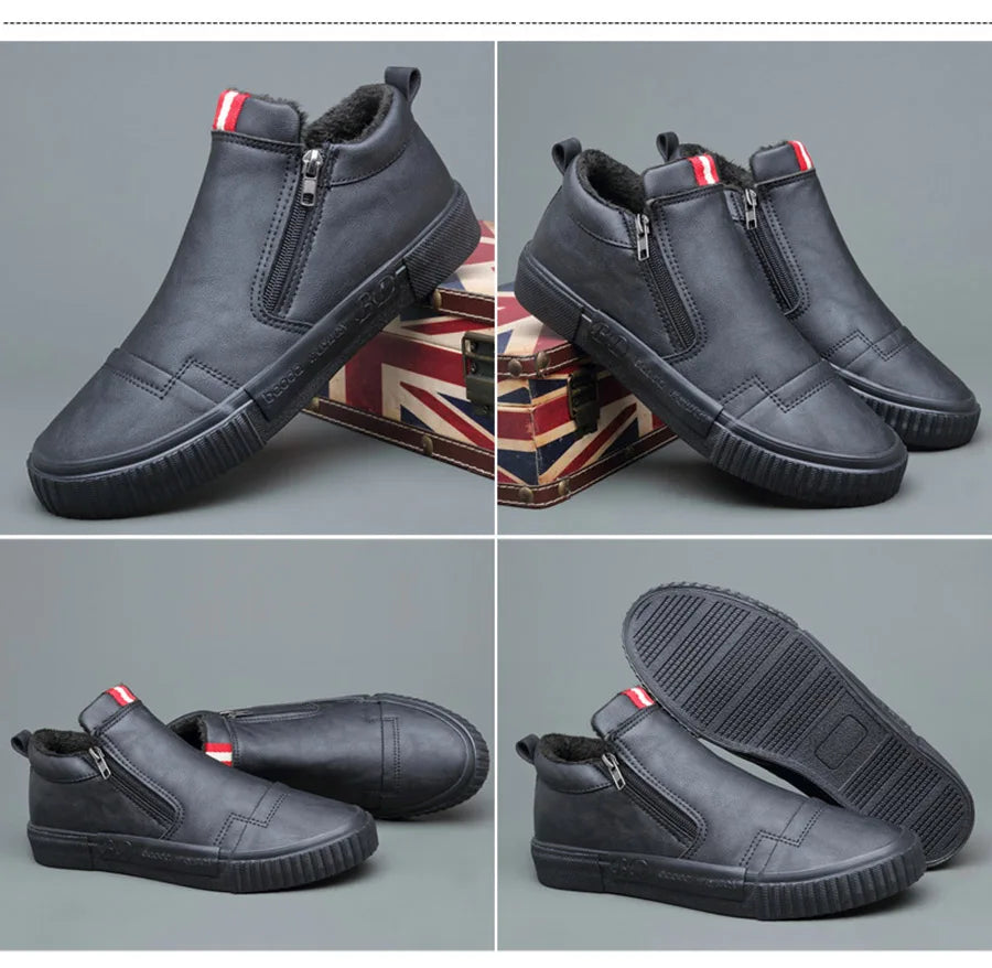 New Winter Men's Boots Soft Leather Plush Warm Snow Boots Waterproof Outdoor Footwear Men Work Boots Men Motorcycle Boots