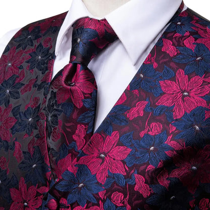 Silk Mens Vests Sleeveless Waist Jacket Jacquard Black Orange Floral Waistcoat Tie Hanky Cufflinks Set for Men Casual XXL
