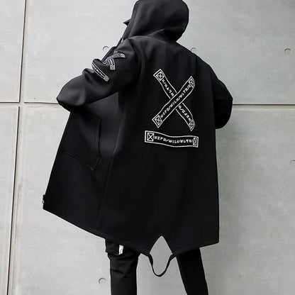 New Men Streetwear Black Jackets And Coats Hip Hop Harajuku Hooded Men's Windbreaker Overcoat Mens Clothing Outwear M-5XL