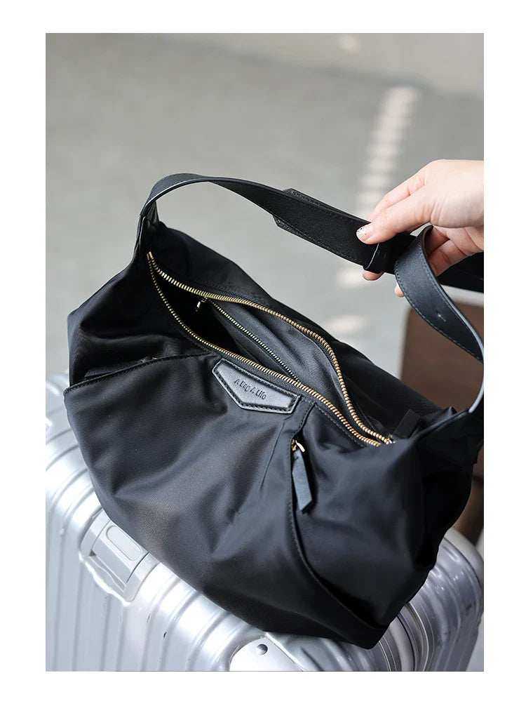Lightweight Nylon Matching Genuine Leather Crossbody Bag High Quality Single Shoulder Bags Fashion Pleated Messenger Purses