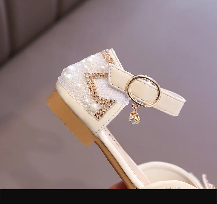 Girls Party Shoes Elegant Rhinestone Fashion Children's Leather Shoes Versatile Sweet Kids Princess Wedding Dress Flats Sandals