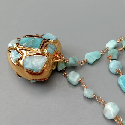 YYGEM 3 Strands Natural Blue Larimar Rosary Chain Necklace Heart-Shaped Larimar Pendant Statement Necklace for Women 18''