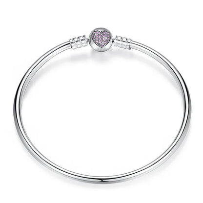 925 Sterling Silver Pink Heart Bangle & Bracelet Pave Setting CZ Snake Chain for Women Pendant Charm Bead DIY Jewelry