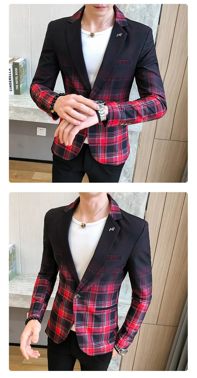 2022 Spring New Colorblock Plaid Blazer Men Slim Casual Man Blazers Wedding Business Party Clothing Dress Coat Blazer M-3XL