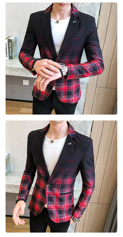 2022 Spring New Colorblock Plaid Blazer Men Slim Casual Man Blazers Wedding Business Party Clothing Dress Coat Blazer M-3XL