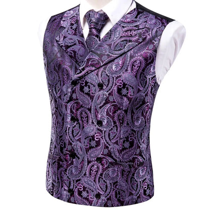 Silk Men's Vests and Tie Business Formal Dresses Slim Vest 4PC Necktie Hanky cufflinks for Suit Blue Paisley Floral Waistcoat