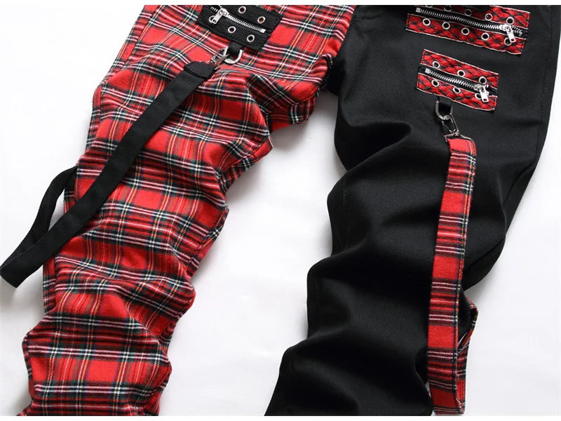 Men Punk Jeans Trendy Scotland Plaid Tartan Black Denim Pants Streetwear Rivet Patchwork Spliced Slim Straight Trousers