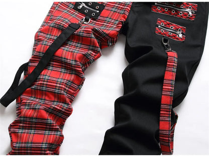 Men Punk Jeans Trendy Scotland Plaid Tartan Black Denim Pants Streetwear Rivet Patchwork Spliced Slim Straight Trousers