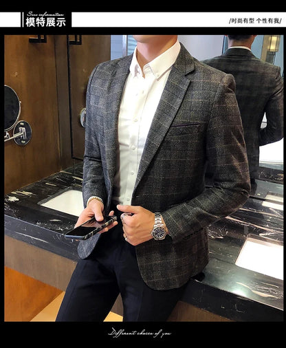British's Style Vintage Plaid Blazer Men Casual Slim Fit Suit Jacket Single Button Business Social Blazer Plus Size M-5XL Hombre