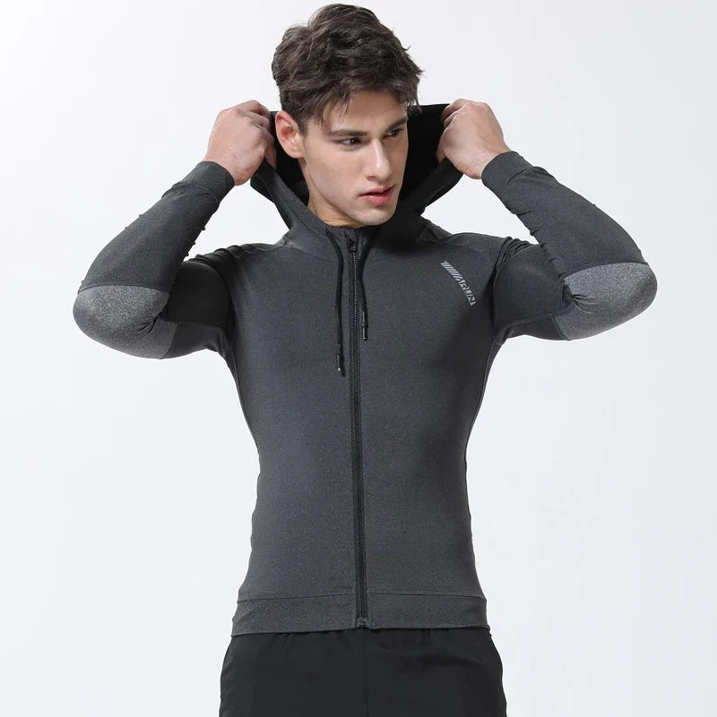Men Running Sports Jackets Gym Training Zipper Slim Hiking Sweatshirts Comfortable Elastic Quick Dry Fitness Long Sleeve Hooded