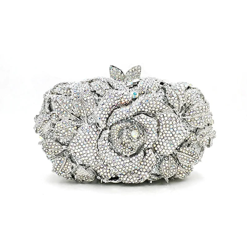 Green Pink Multicolored Rose Crystal Women Evening Clutches Bags Diamond Wedding Cocktail Party Purse And Stone Handbag