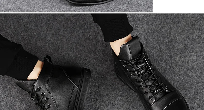 Winter Genuine Leather Boots Men Ankle Casual High Top Skateboarding Shoes Cow Leather Big Size 47 48