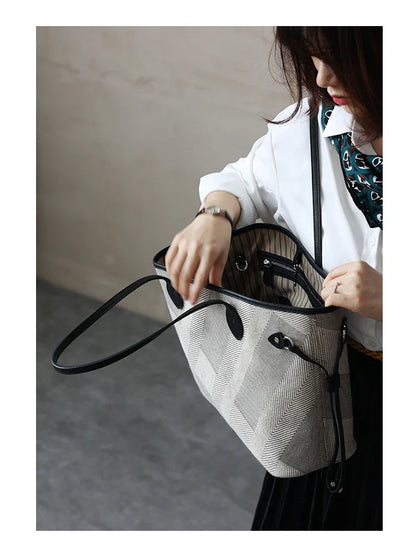 Women's Fashion Shoulder Bag Luxury Designer Handbag Large Capacity Canvas With Genuine Leather Tote For Shopping,Commuting,Work