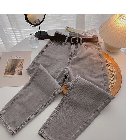 Straight Jeans Women with Belt Vintage Basic Blue Ankle-length Denim Pants Boyfriend Gray Jeans Korean 2021