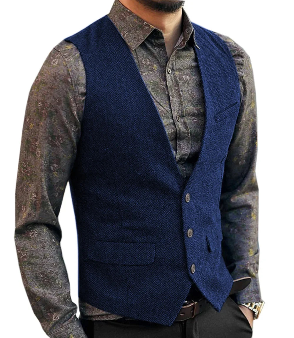 Men's V-Neck Suit Vests Fashion Formal Slim Fit Business Herringbone Dress Waistcoat for Tuxedo Wedding Party