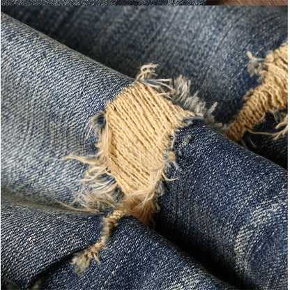 Indian Avatar Embroidered Jeans Men Scratch Long Cracks High Street Pants Soft Red Ears Blue Grey Slim 2020 Western Style