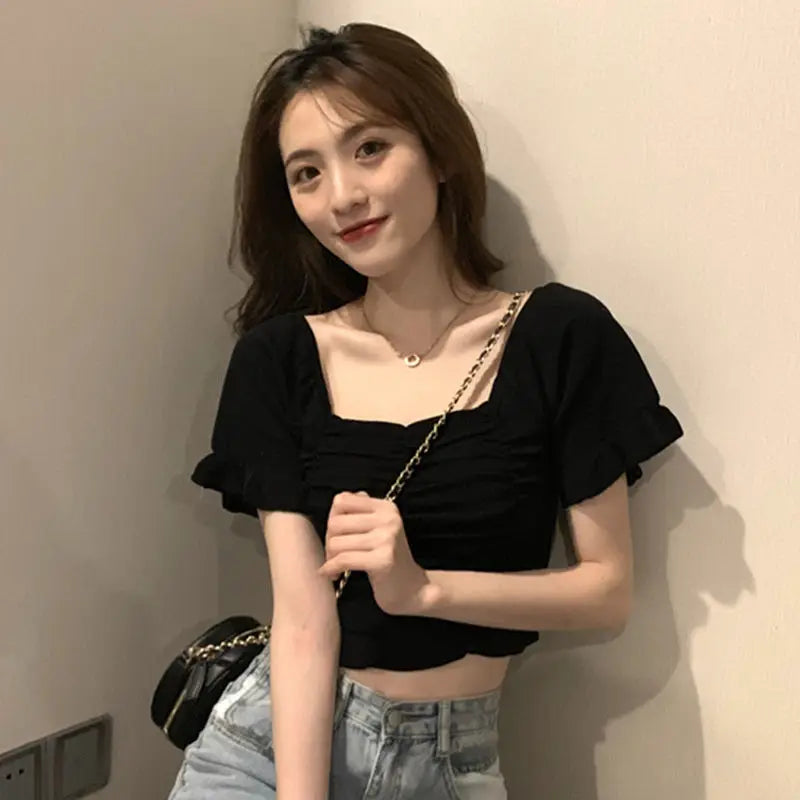 Knitted Fashion Blouse Woman Ruffle Youth Elegant Blouse Summer Crop Top Sexy Slim Fit Shirt Short Sleeve