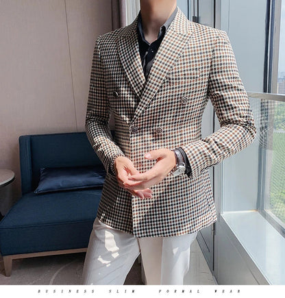British Style Slim Fit Houndstooth Blazer For Men 2023 Fashion Double Breasted Business Office Wedding Dress Suit Jacket