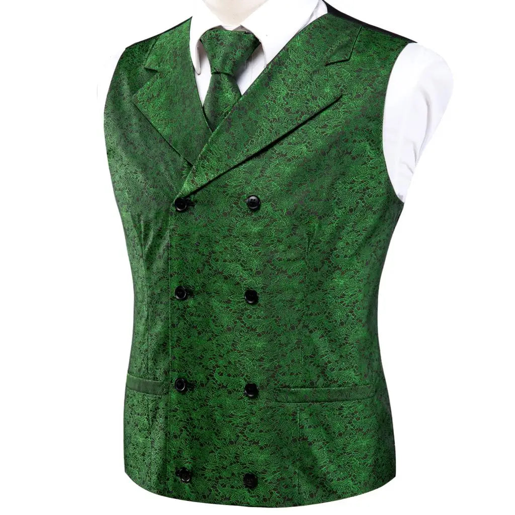 Silk Men's Vests and Tie Business Formal Dresses Slim Vest 4PC Necktie Hanky cufflinks for Suit Blue Paisley Floral Waistcoat