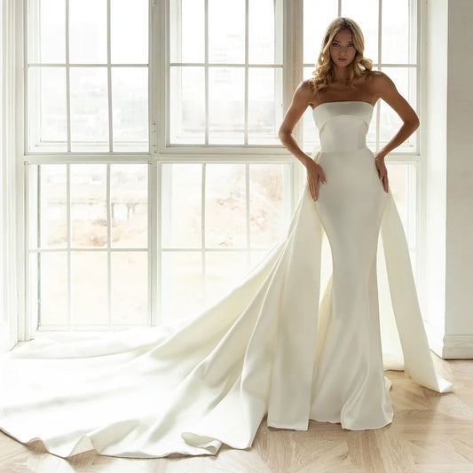 Satin Mermaid Wedding Dress with Detachable Train Strapless Simple Brautkleid Bow Back Vestido De Noiva Sereia