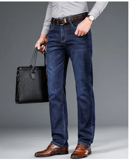 2024 autumn spring fitted straight stretch denim jeans classic style badge youth men's business casual jeans trousers