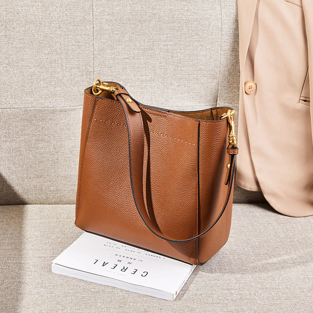New Genuine Leather Casual Shopper Shoulder Bag Commuter Large Bucket Handbag Simple High Quality Women Tote Underarm Bags