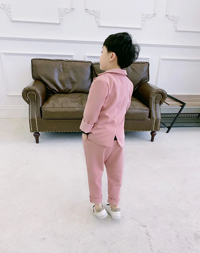 Teenager Boys Pink Black Jacket+Pants 2Pcs Clothing Set Gentleman Kids Formal Wedding Suit Children Performance Graduation Dress