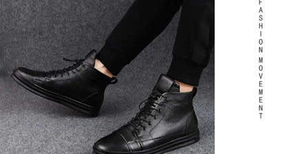 Winter Genuine Leather Boots Men Ankle Casual High Top Skateboarding Shoes Cow Leather Big Size 47 48