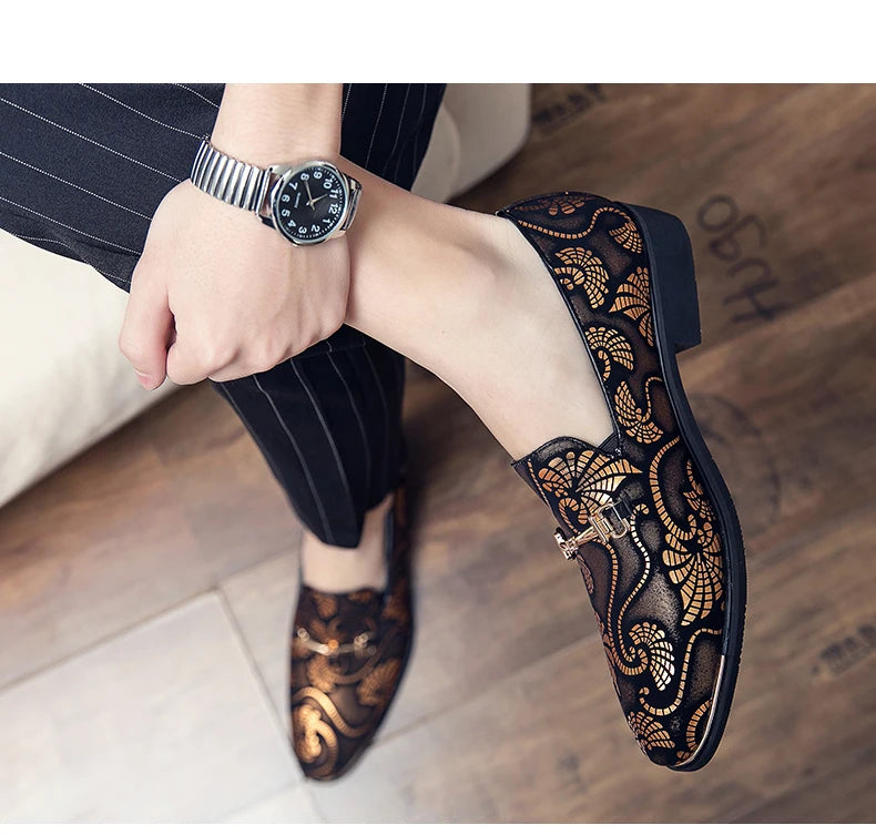 New Men Dress Leather Shoes For Men Luxury British Gold Blue National Pattern Oxfords Classic Gentleman Wedding Prom Shoes