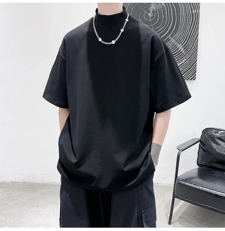 Streetwear Turtleneck Men Tshirt Solid Hip Hop Male Oversized T Shirts Man Casual Short Sleeve Top Tees Black/White/Purple