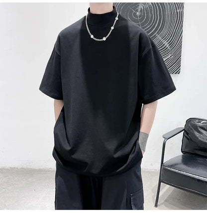 Streetwear Turtleneck Men Tshirt Solid Hip Hop Male Oversized T Shirts Man Casual Short Sleeve Top Tees Black/White/Purple