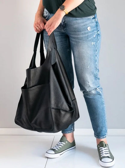 Casual Soft Large Capacity Tote Women Handbags Designer Aged Metal Look Luxury Pu Leather Shoulder Bag Retro Big Shopper Purses