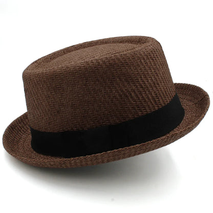 Men Women Classical Straw Pork Pie Hats Fedora Sunhats Trilby Caps Summer Boater Beach Outdoor Travel Party Size US 7 1/4 UK L