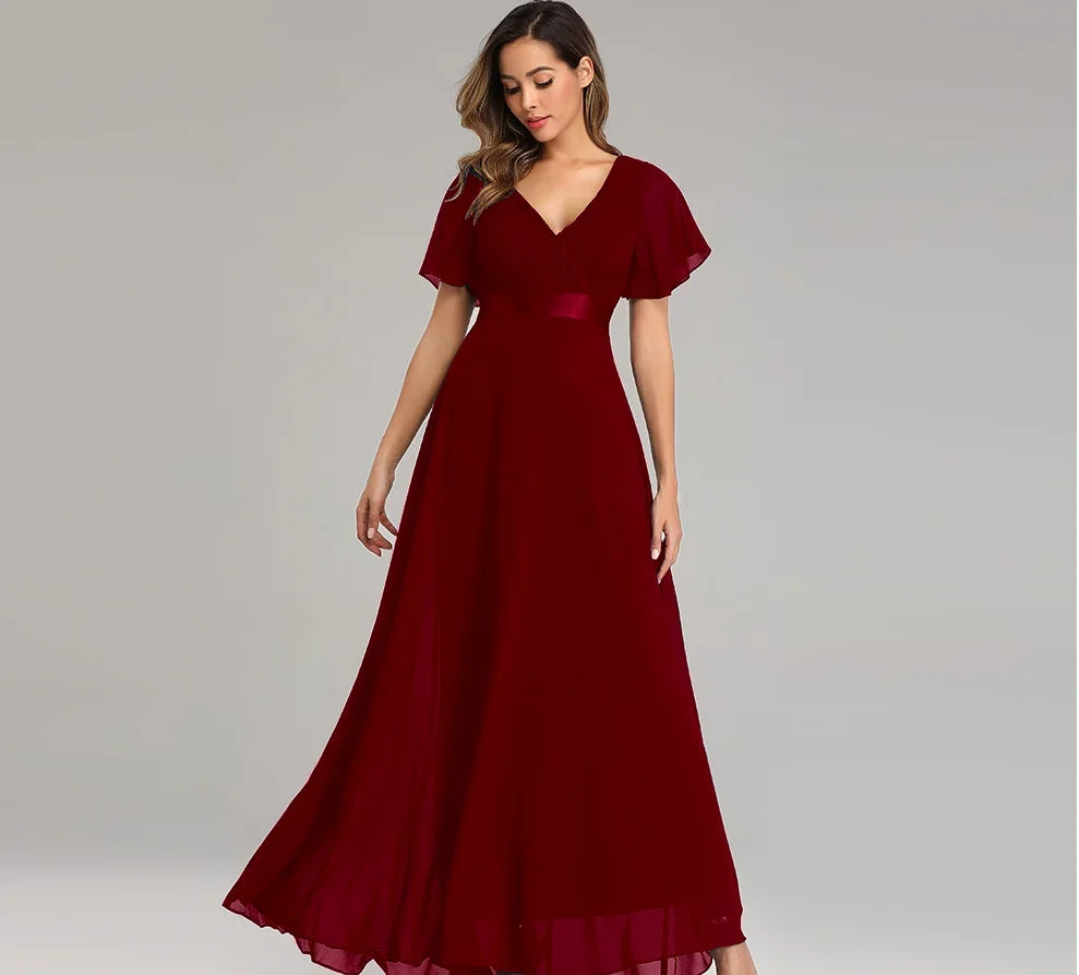 Evening Dresses Elegant V-Neck Ruffles Chiffon Formal Evening Gown  Robe Vestidos De Fiesta Dress for Wedding Party