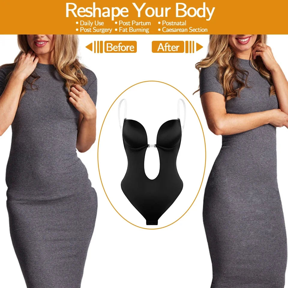 Backless Bodysuit Shapewear for Women Built-in Bra Multiple straps Thongs Body Shaper U Plunge Seam-free Faja with Open Crotch