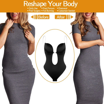Backless Bodysuit Shapewear for Women Built-in Bra Multiple straps Thongs Body Shaper U Plunge Seam-free Faja with Open Crotch