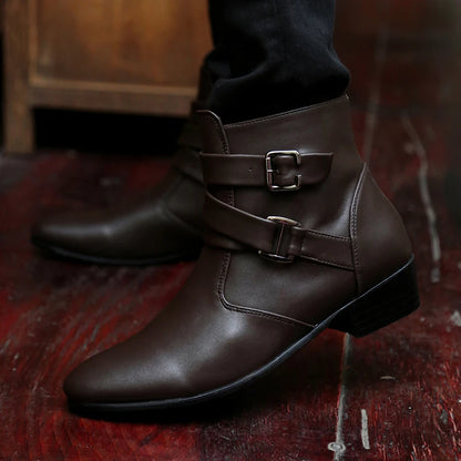 Fashion Men Spring Autumn Pointed Toe Height Increase Chelsea Ankle Boots Western High Top Casual Shoe PU Leather