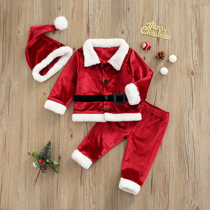 0-4Years Infant Baby Kids Santa Claus Costumes Fall Winter Christmas Suits Boy Girl Long Sleeve Tops+Trousers+Hat Velvet Outfits