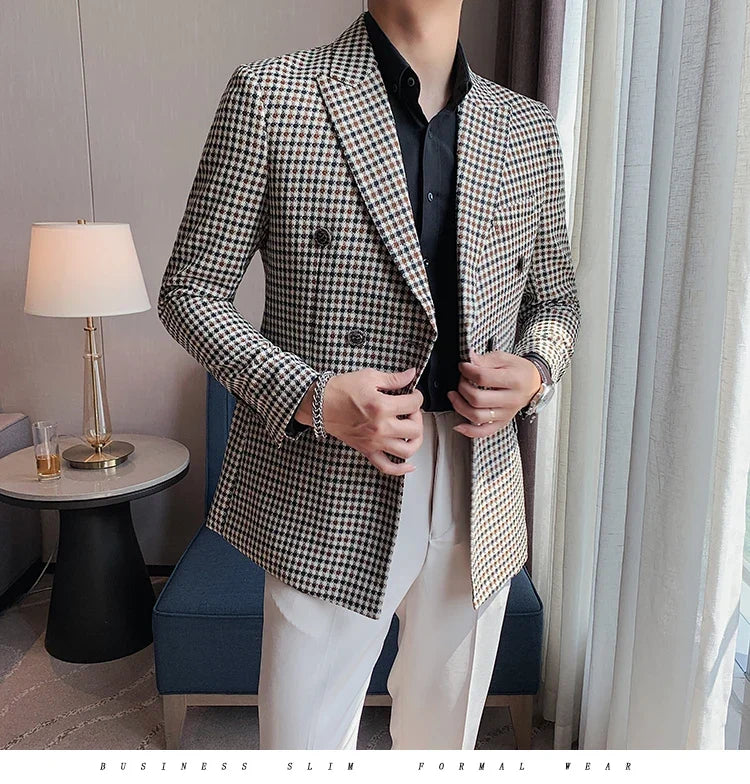 British Style Slim Fit Houndstooth Blazer For Men 2023 Fashion Double Breasted Business Office Wedding Dress Suit Jacket