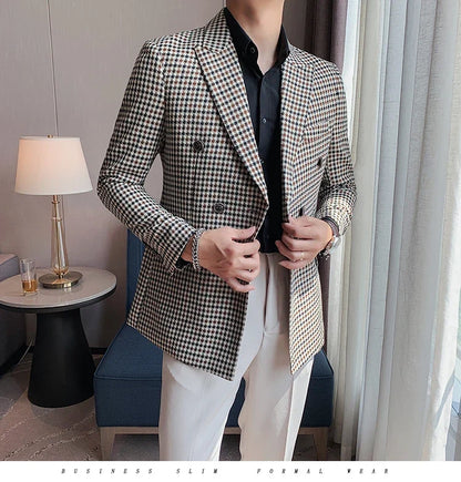 British Style Slim Fit Houndstooth Blazer For Men 2023 Fashion Double Breasted Business Office Wedding Dress Suit Jacket