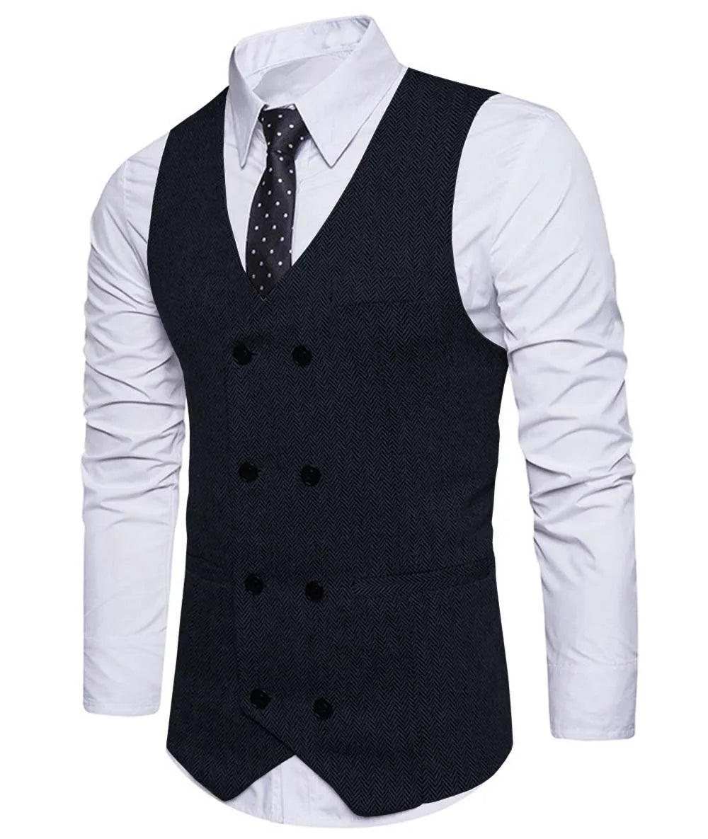 2022 New Men's Royal Blue Double-breasted Vest Suit Vest Casual Top Quality Herringbone Pattern Waistcoat For Wedding