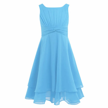 Summer Fashion Flower Girls Dress Wedding Birthday Party Kids Chiffon Dress Sleeveless Ruched Bodice Elegant Princess Dress