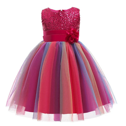 2026 Sequins Girls Dress Summer Flower Fashion Rainbow Mesh Little Princess Dresses For Piano Performance Costume Kids Clothes
