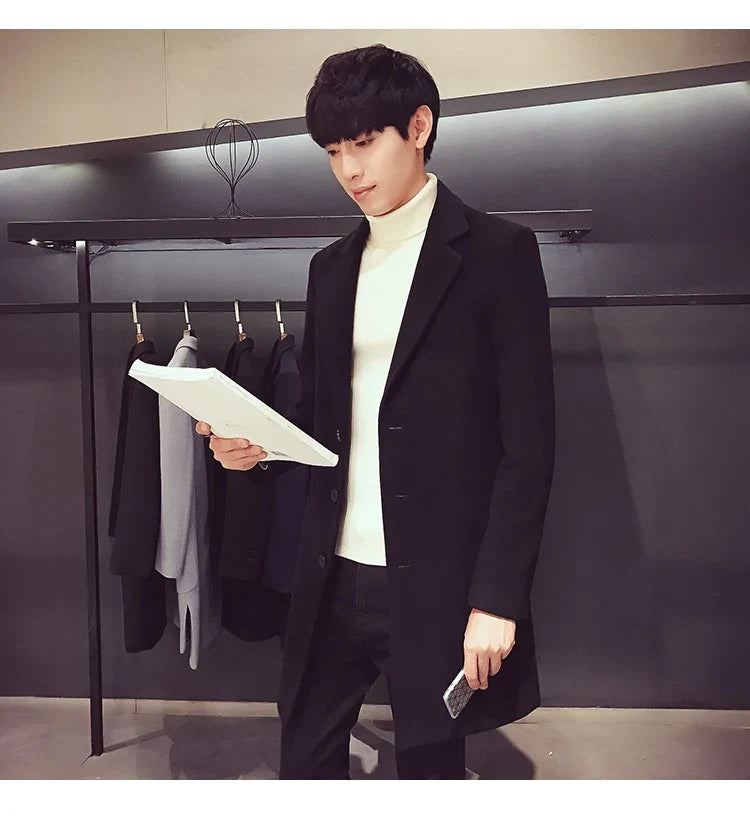 Men Long Cotton Coat 2025 Autumn Winter Wool Blend Pure Color Business Casual Slim Fit Windbreaker Jacket Fashion Men Clothing