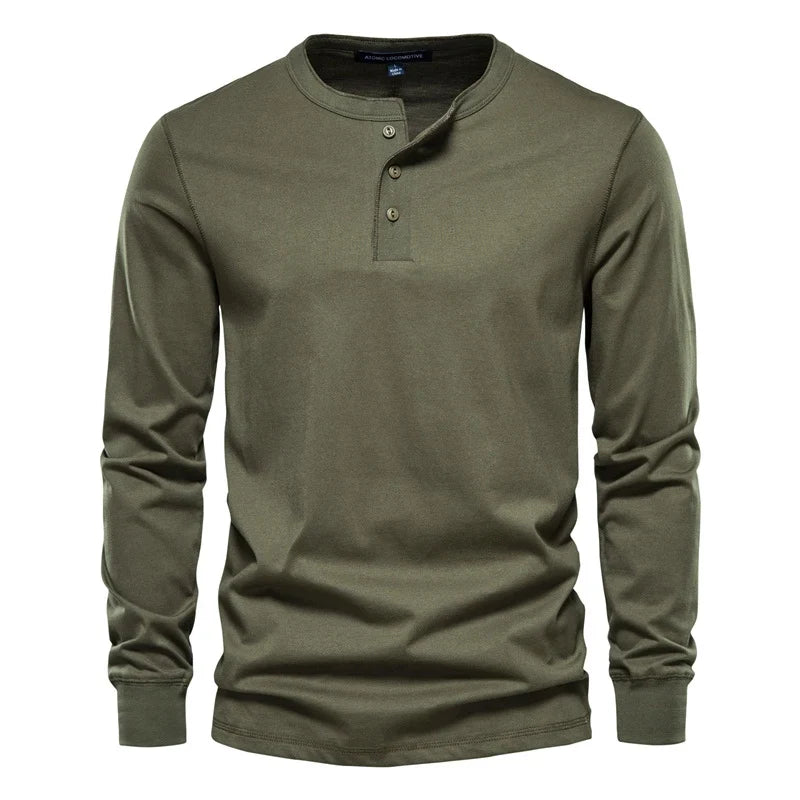 Men's Long Sleeve Button Down T-Shirts Autumn Henley Collar Casual High Quality 100% Cotton Crew Neck Mens T Shirts