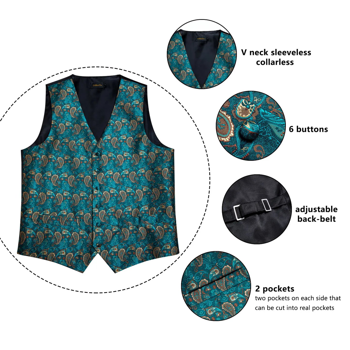 New Teal Green Paisley Formal Dress Vest Men's Suit Vest Waistcoat Tie Brooch Pocket Square Set for Tuxedo