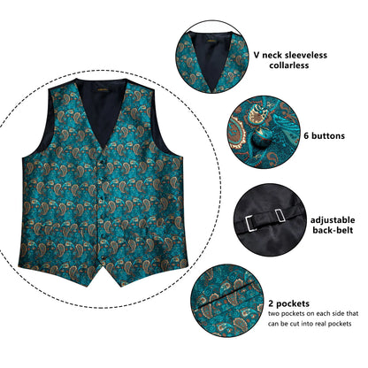 New Teal Green Paisley Formal Dress Vest Men's Suit Vest Waistcoat Tie Brooch Pocket Square Set for Tuxedo