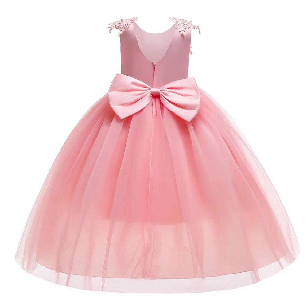 Formal Tulle Flower Bridesmaid Girls Dress Vestido White Wedding Princess Prom Kids Party Dresses For Girls Bow Birthday Costume