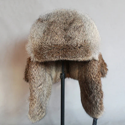 Rabbit Fur Russian Bomber Hat Women WinterTrapper Snow Cap  Earflap Ushanka